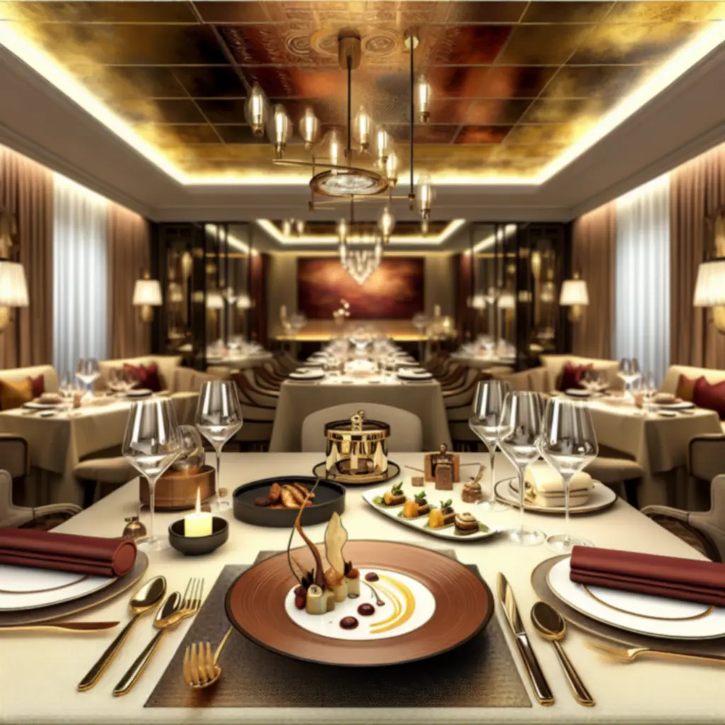 Fijnproeversmenu geserveerd in een elegante setting met gouden accenten