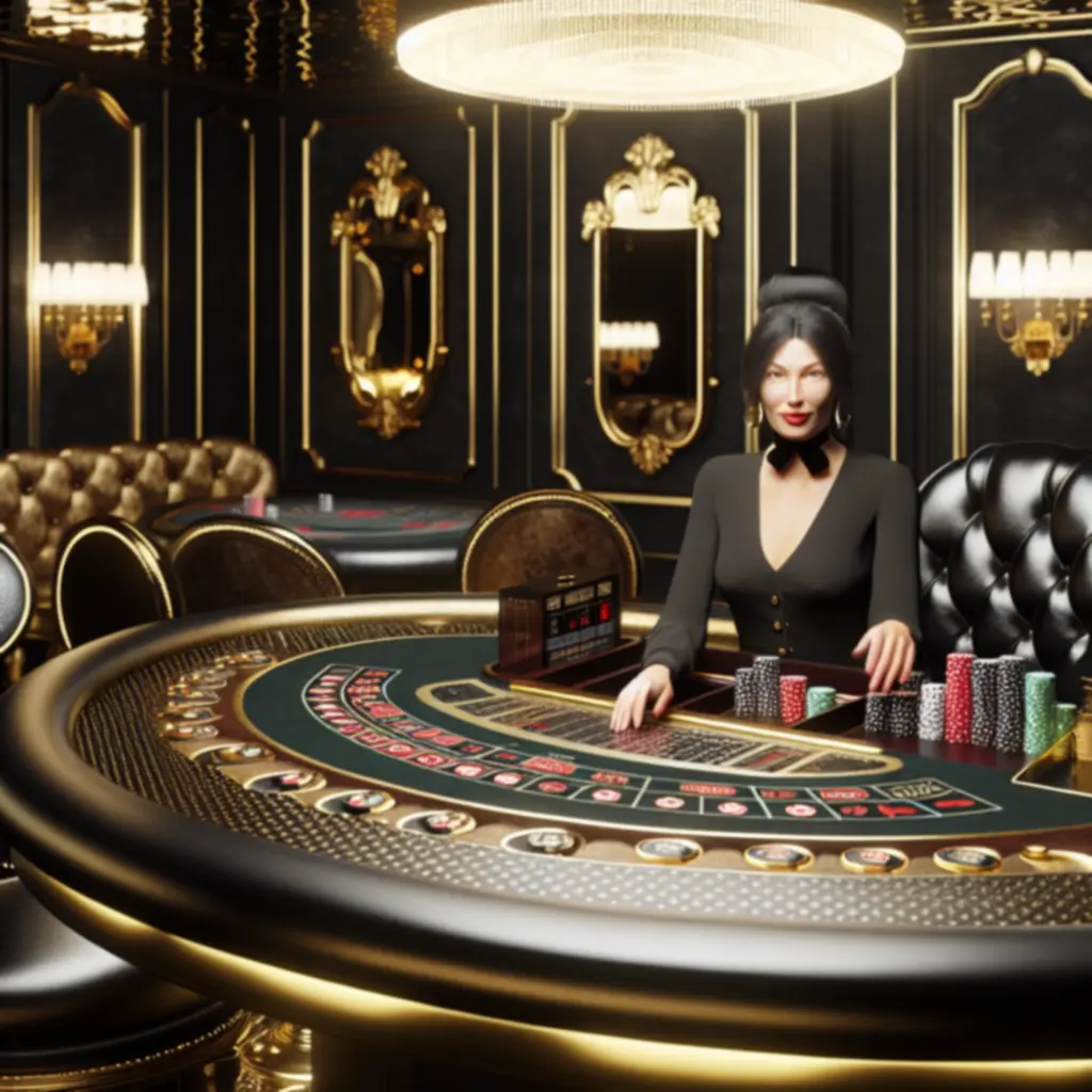 Luxe speeltafel met goudzwarte afwerking en professionele croupier.