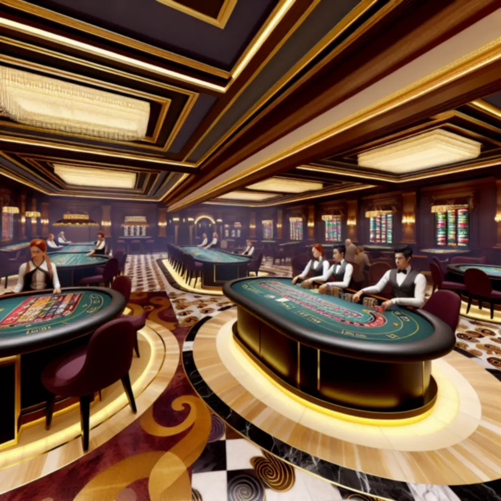 Cinematisch overzicht van de grootse casinospelzalen met tafelspellen en sfeervolle verlichting.