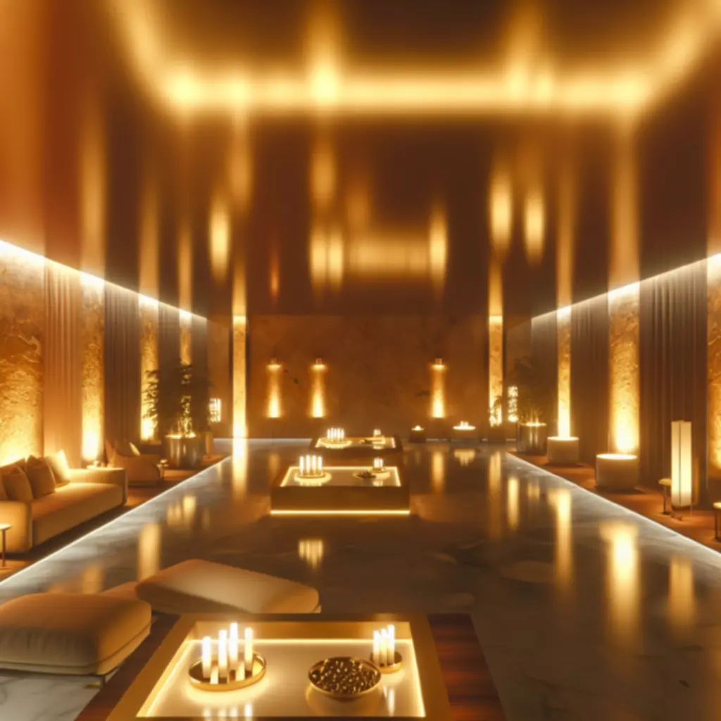Cinematische spa-ruimte met warme amberverlichting en luxe details