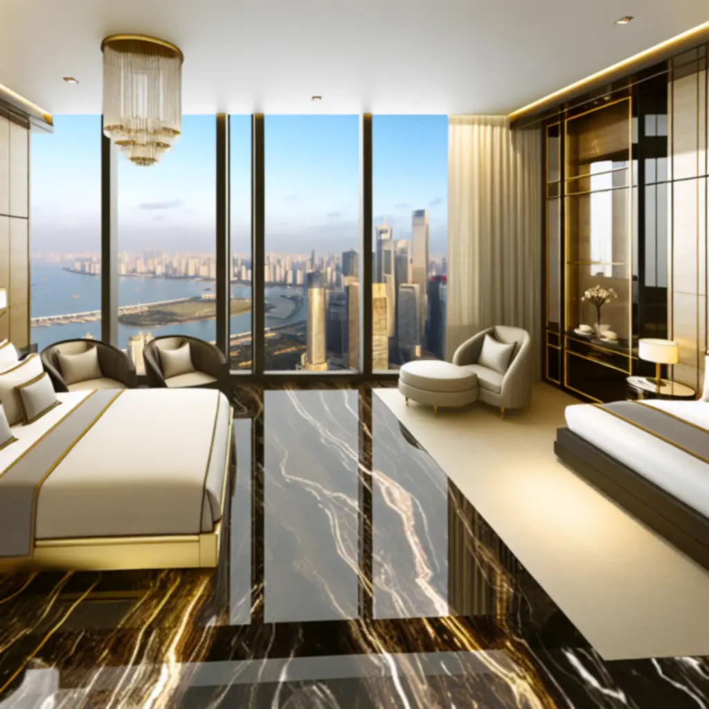 Elegante suite met panoramisch uitzicht en gouden accenten