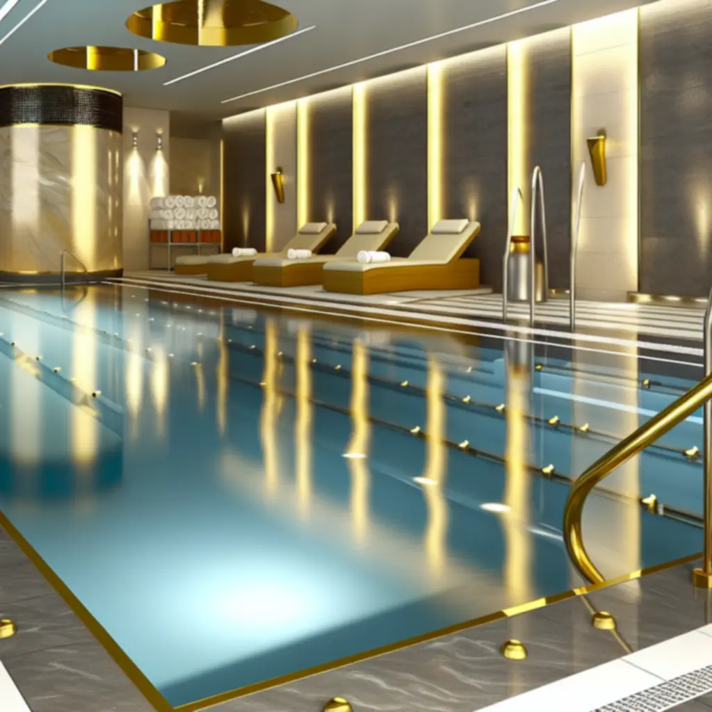 Stijlvolle hydrotherapie‑pool met gouden accenten en zacht ambient licht