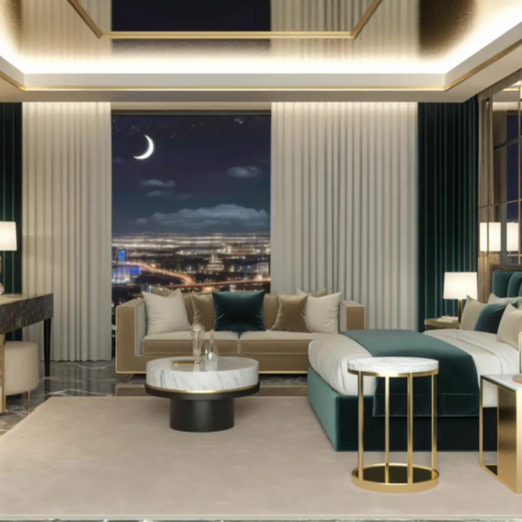 Elegante suite met panoramisch uitzicht, fluwelen tinten en gouden accenten.