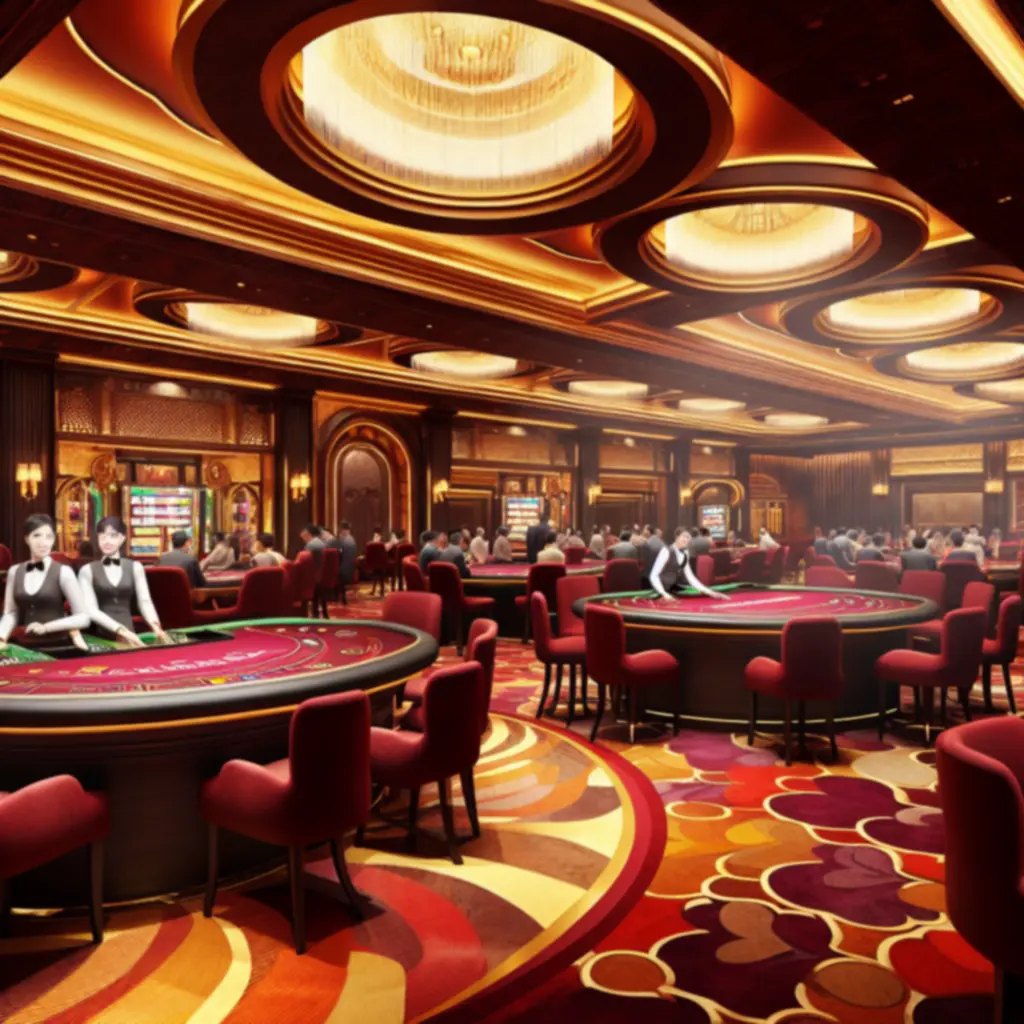 Grandioze gaming hall met high-stakes tafels en warme amberverlichting