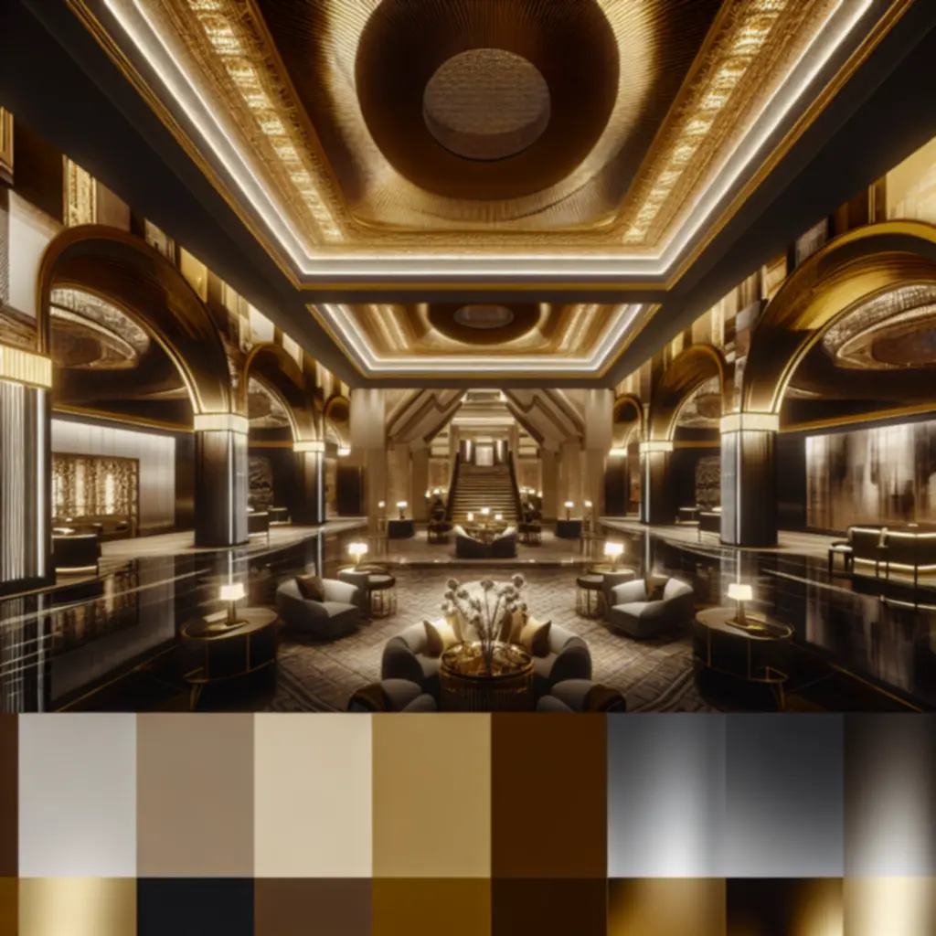Cinematische lobby met gouden accenten bij HeavenBroHotel