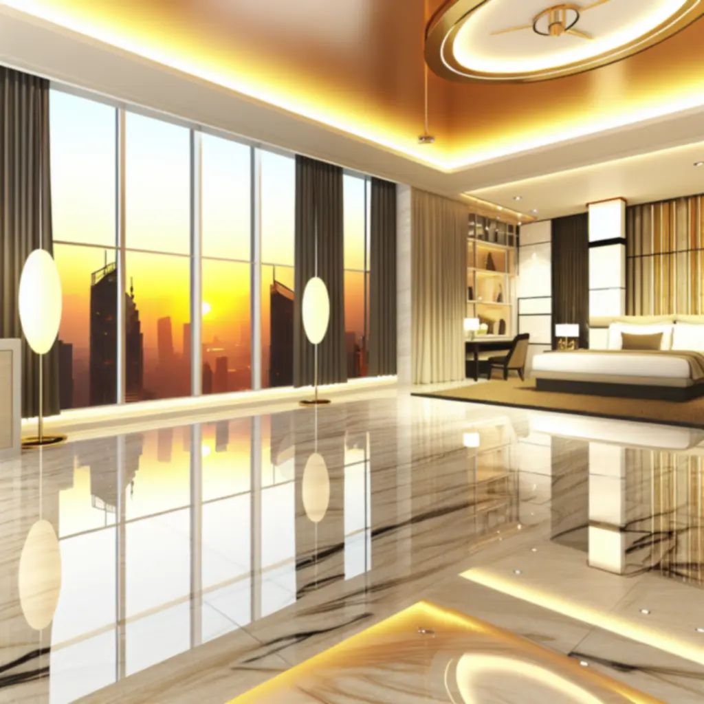 Opulente VIP suite met marmeren accenten en panoramisch uitzicht