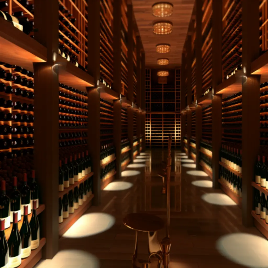 Verlichte wijnkelder met premium labels